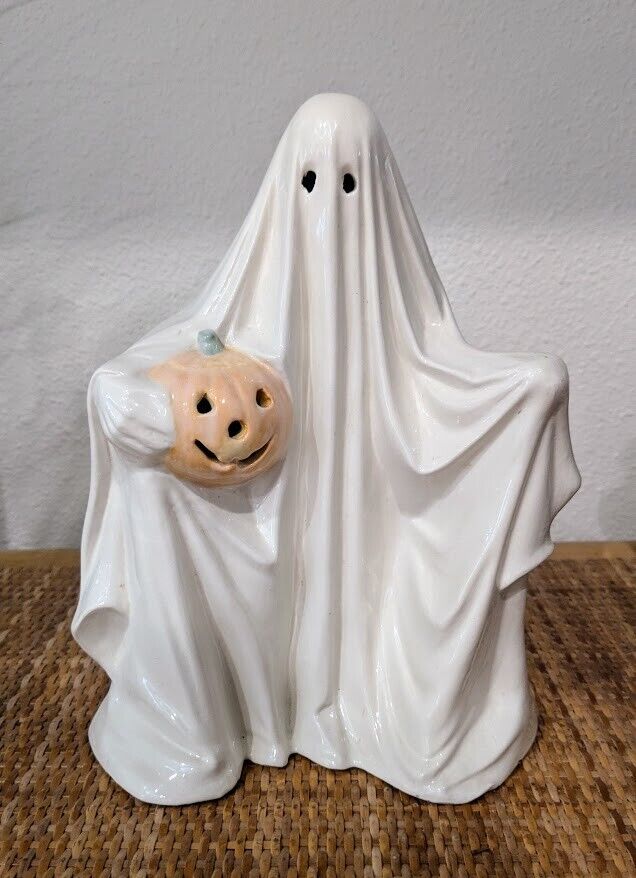 Vintage Byron Molds Ceramic Ghost With Pumpkin Halloween Decor Jack-O-Lantern