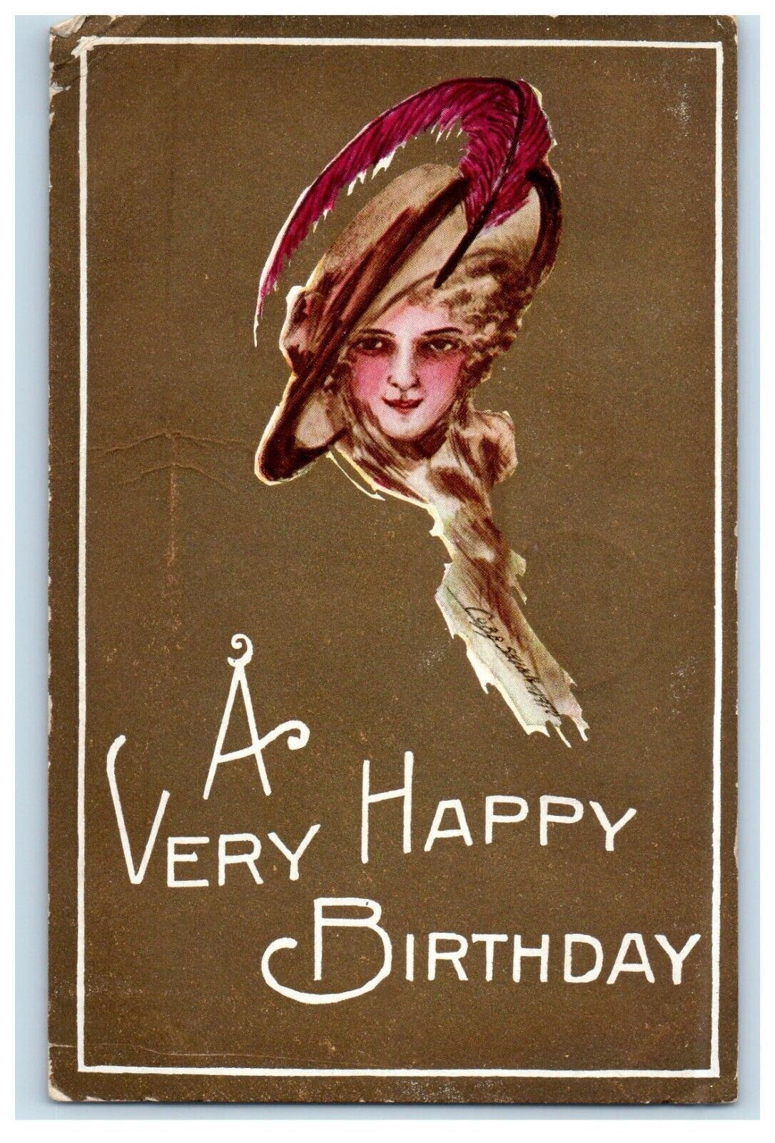 1910 Happy Birthday Greeting Beautiful Girl Feather Hat Posted Antique Postcard