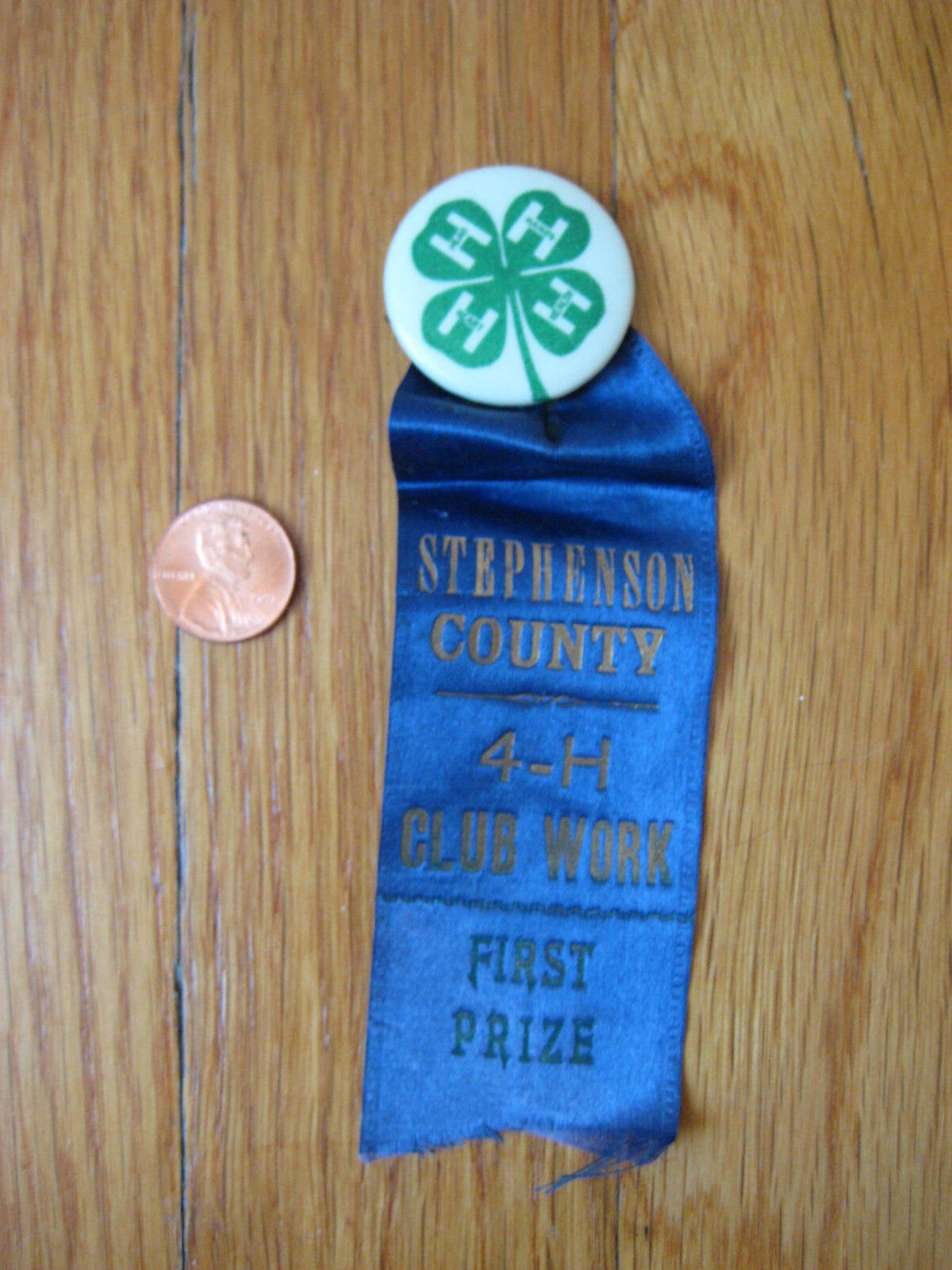 vintage Stephenson County IL 4H Prize RIBBON BUTTON pin freeport 4 H Illinois