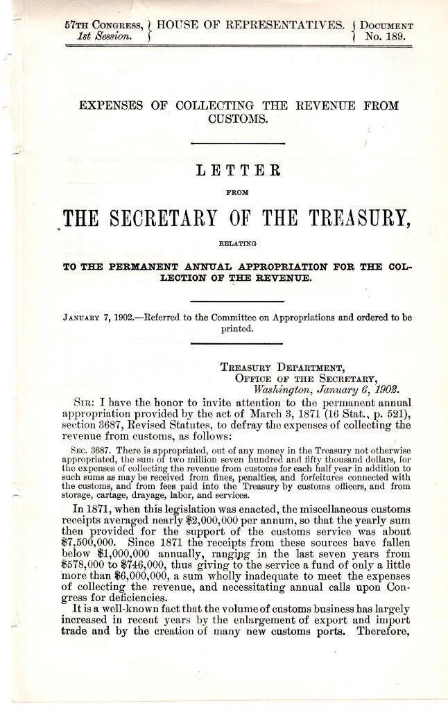 57th Congress,1st Session-Ho.of Reps-Secr. of the Treasury 1/7/1902