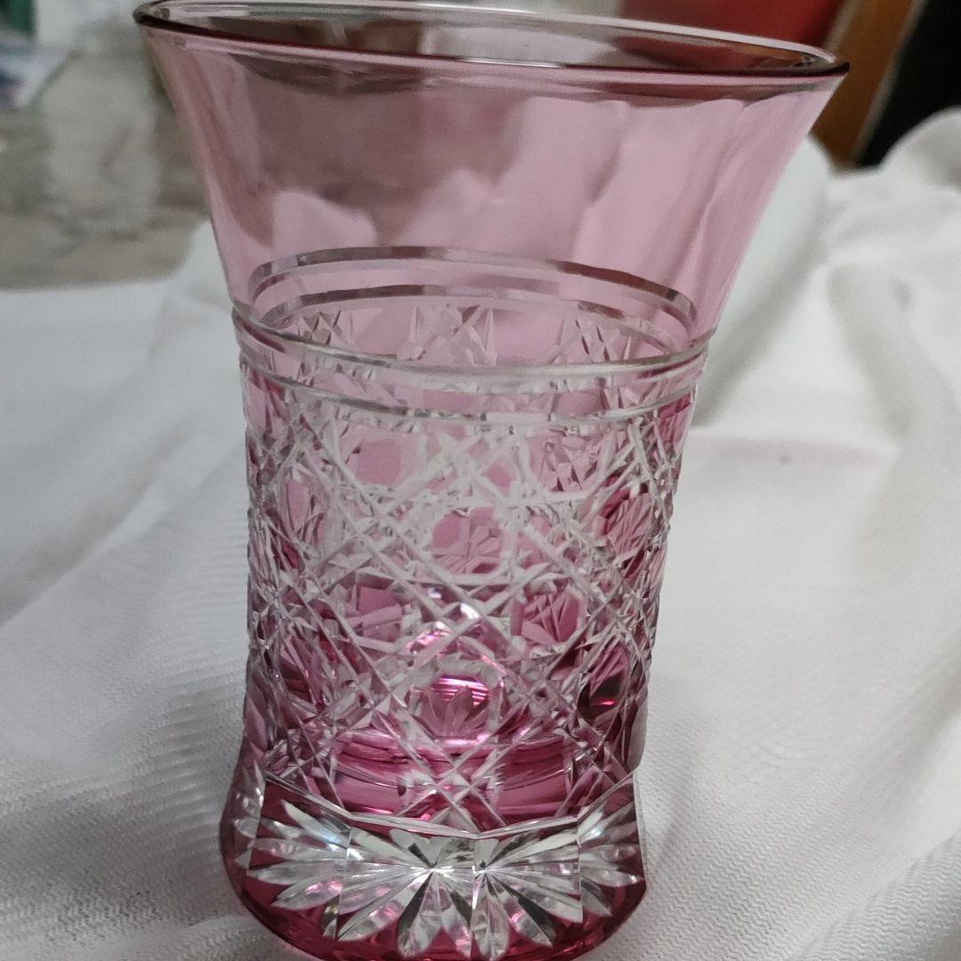Cut Glass Pink Edo Kiriko Ha square basket pattern Wisky Glass Hand-Carved Excel