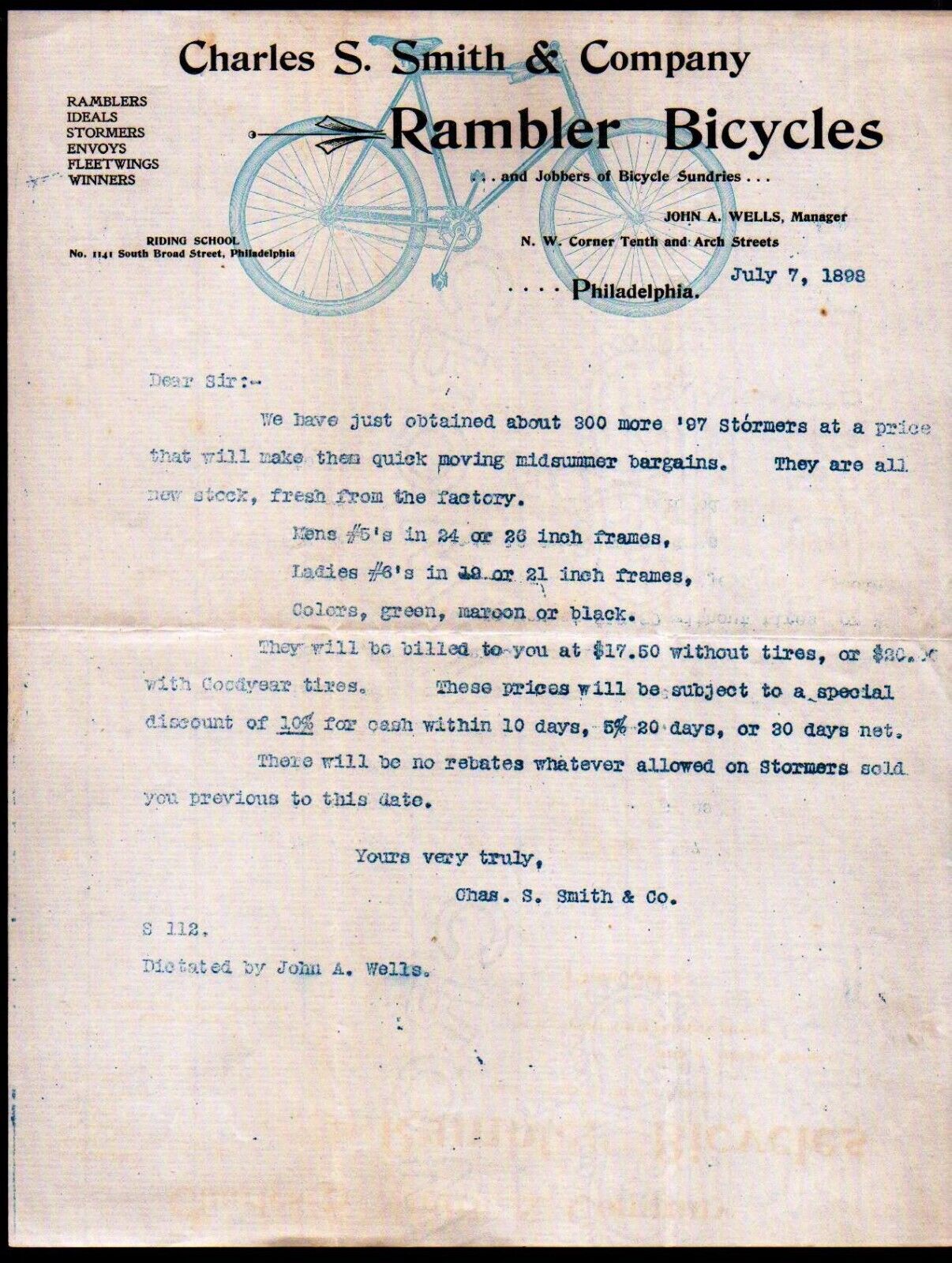 1898 Philadelphia - Rambler Bicycles - Charles S Smith & Co - Letter Head Bill