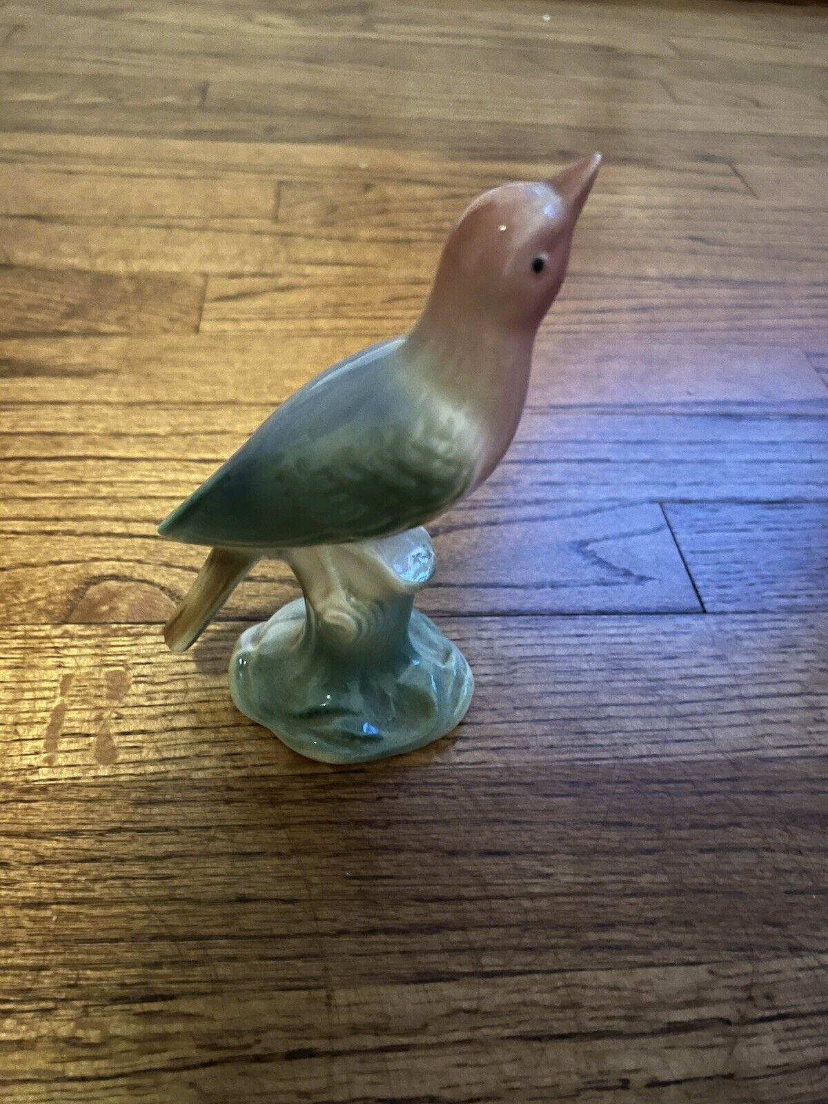 Vintage Pink, Green & Blue Song Bird Figurine On Stump 6.5\