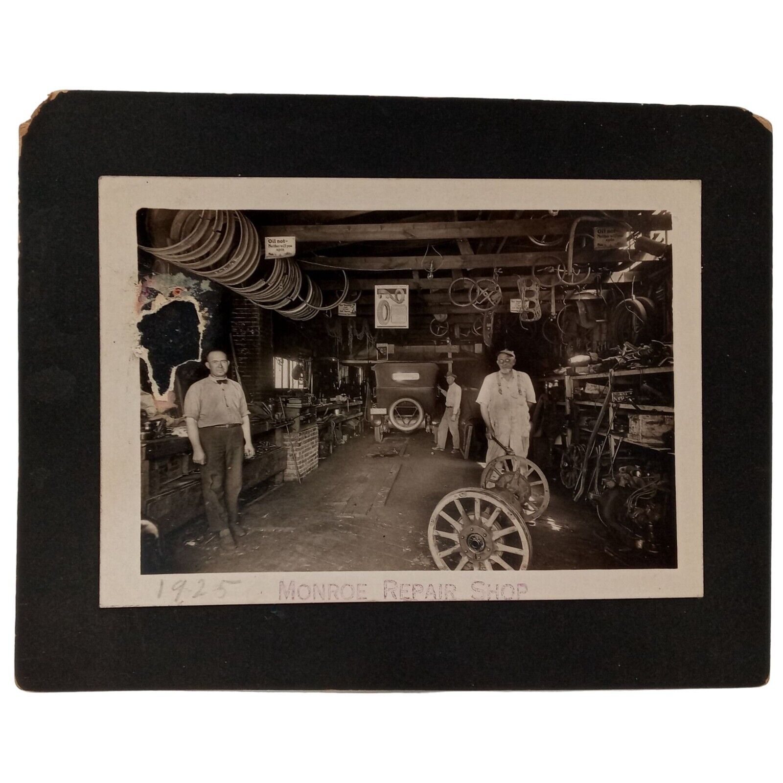 1925 Auto Mechanic  Shop Cabinet Card Photograph Overalls Automobile Monroe 