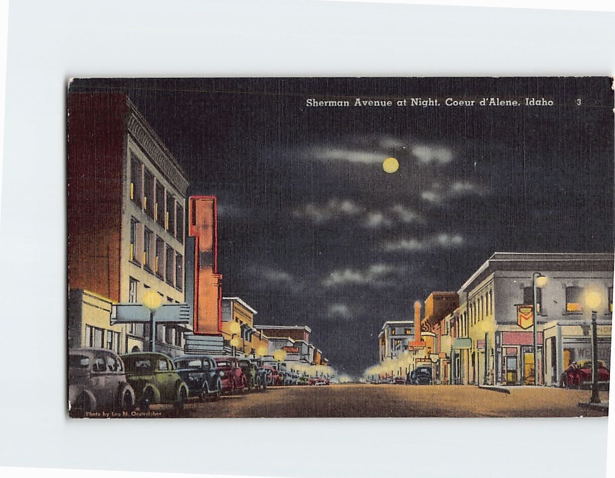 Postcard Sherman Avenue at Night Couer d Alene Idaho USA