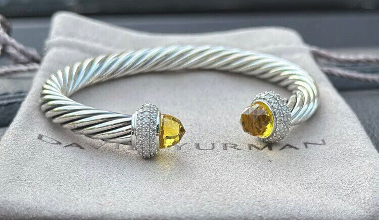 David Yurman 7mm Cable Candy Bracelet & 925 Silver Lemon Citrine & Diamonds M