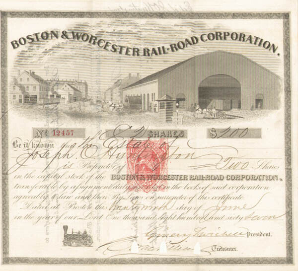 Boston and Worcester Railroad Corporation - Stock Certificate - Railroad Stocks