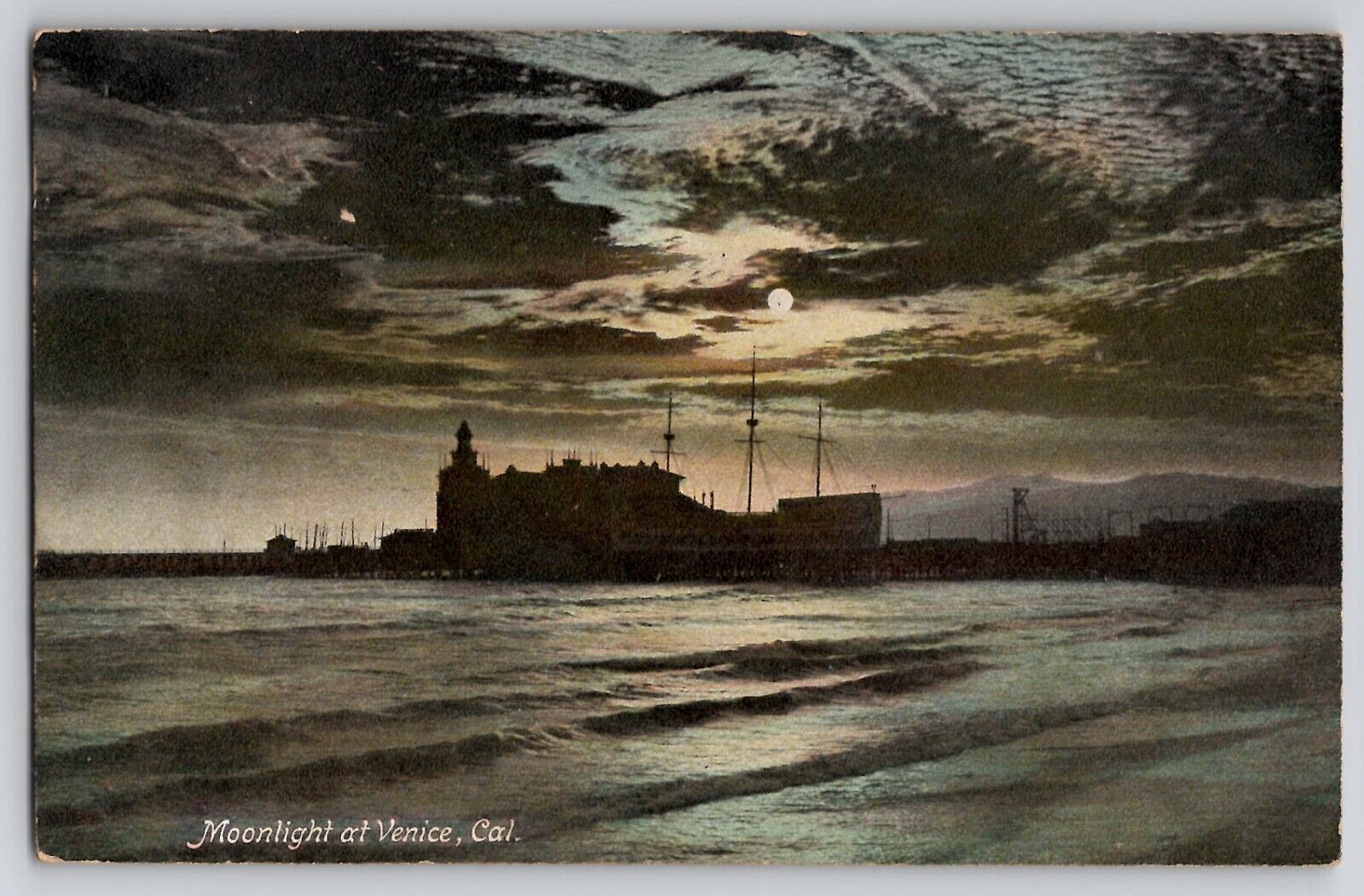 Full Moon Moonlight at Venice Beach CA Postcard 1907 Masted Ship Silhouettes