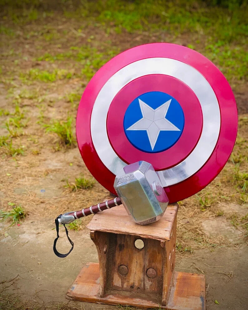 Set of 2 Captain America Shield Metal & Thor hammer Marvel Movies Replica
