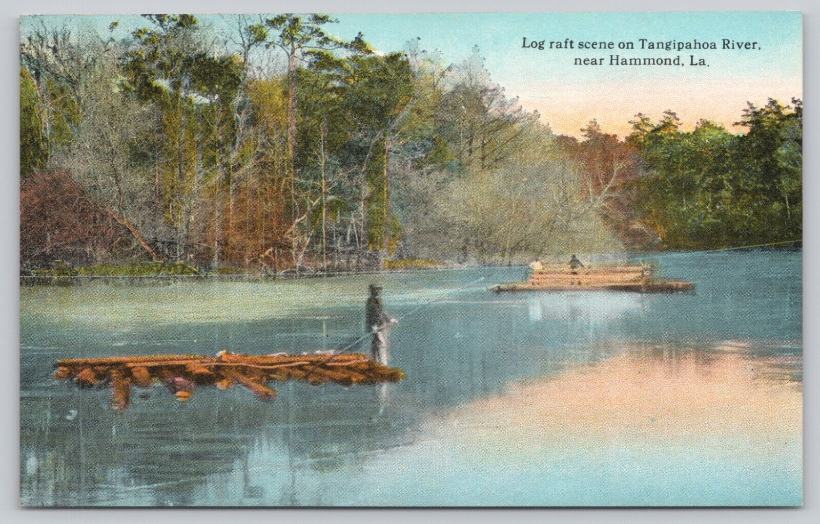 Postcard Hammond Louisiana Log Raft Scene on the Tangipahoa River