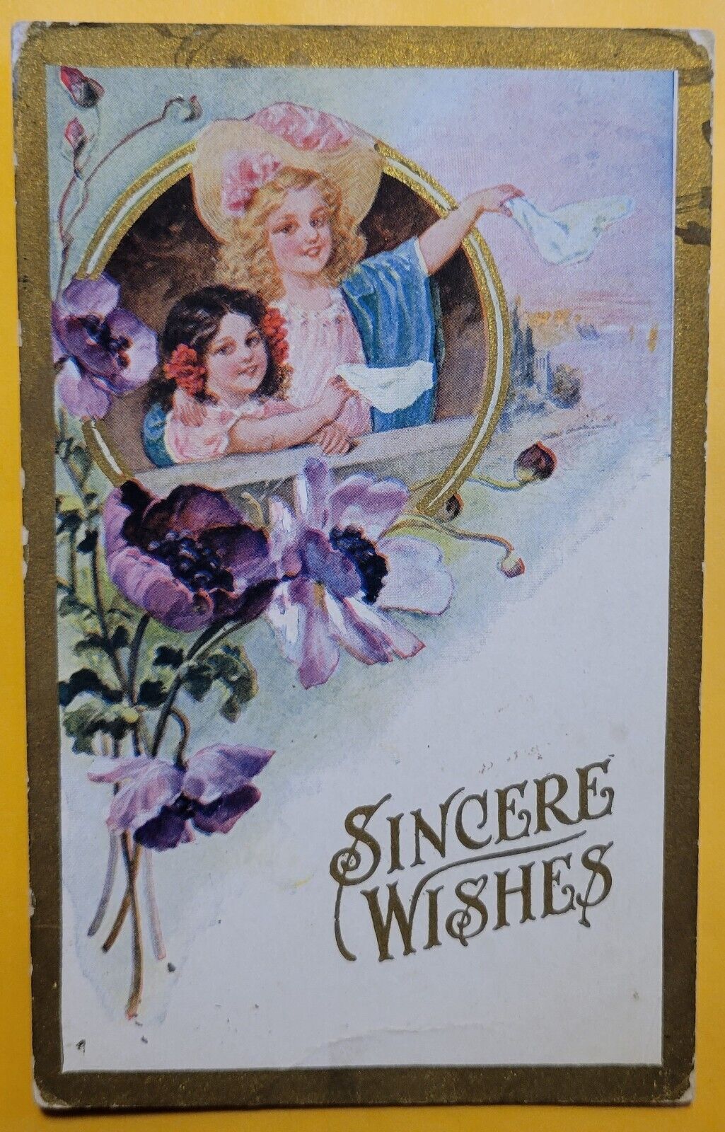 Vintage Postcard - Sincere Wishes - Girls Waving Handkerchiefs
