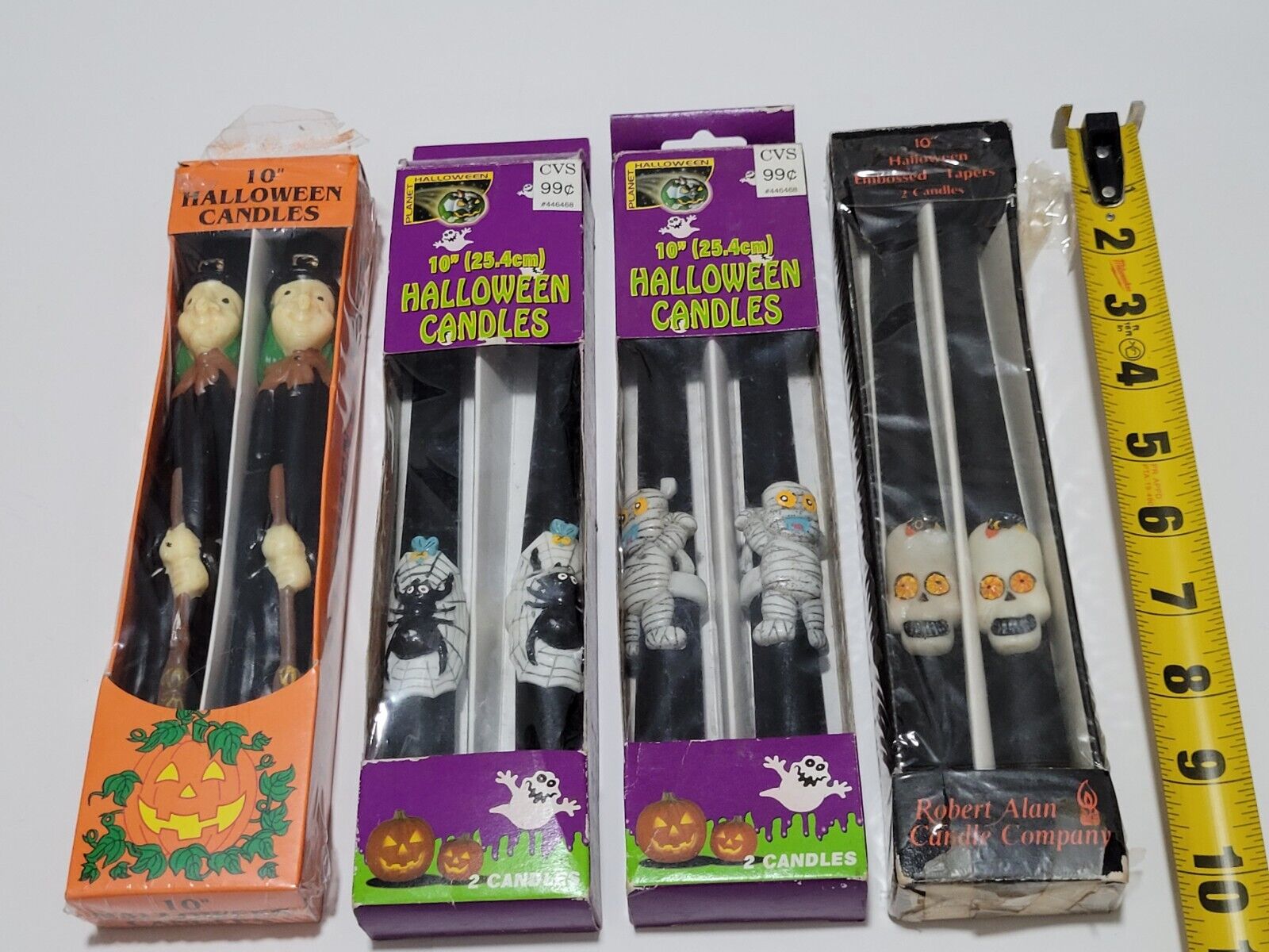 Vtg Halloween Figure Candles 4 Boxed Pairs Witch, Spiders, Mummys & Skulls NOS