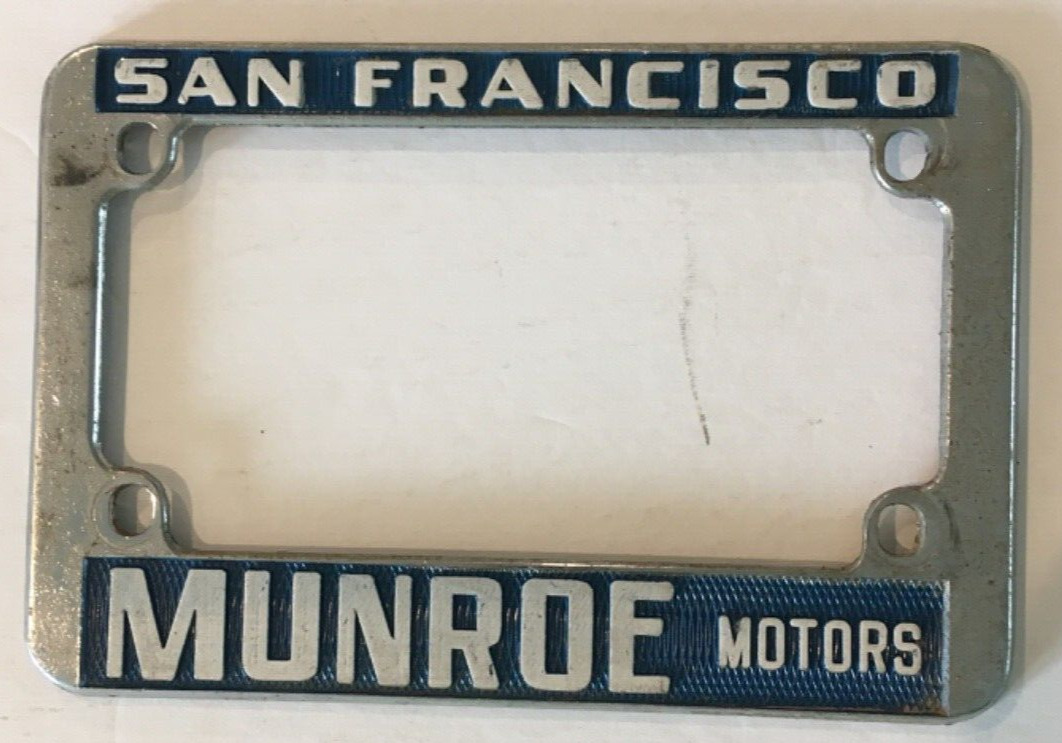San Francisco Munroe Motors vintage metal motorcycle license plate frame