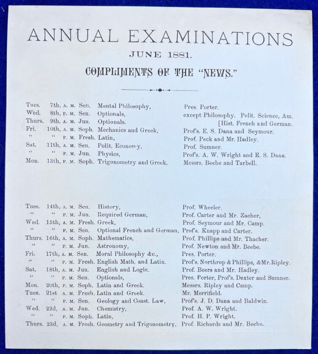 Antique 1881 Yale College Annual Exam Schedule University Vintage Paper