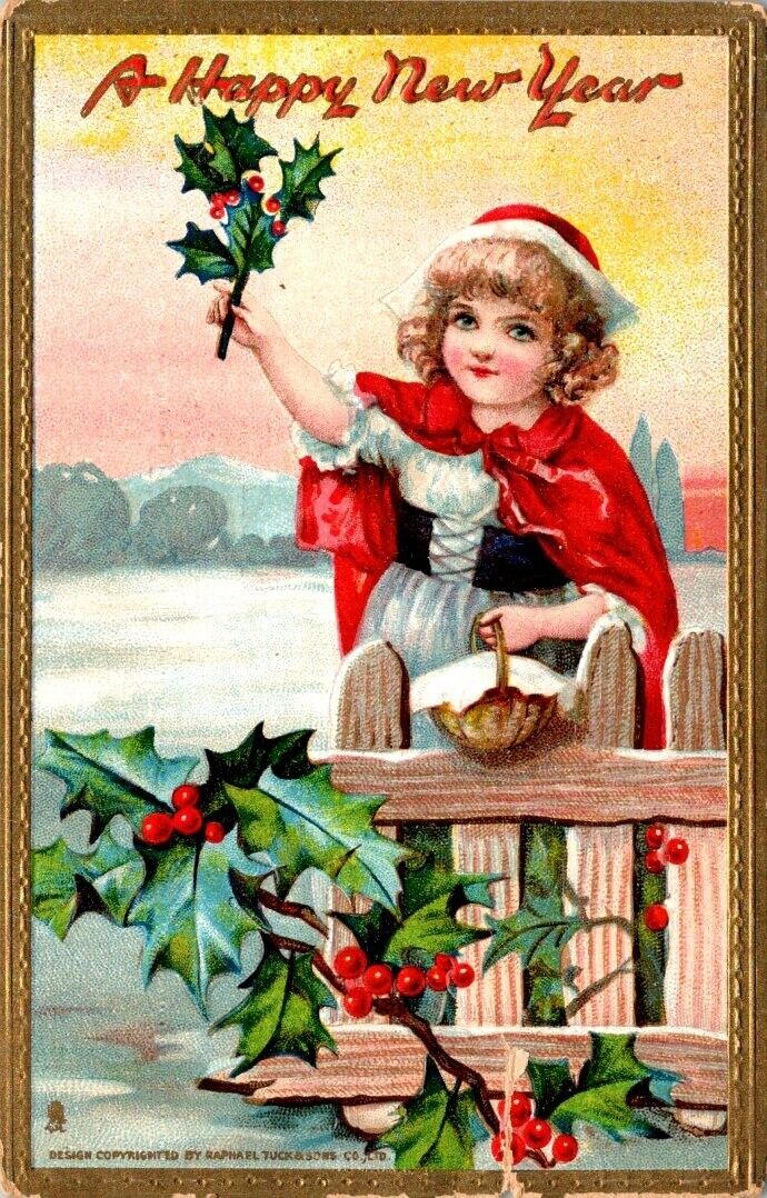 TUCKS Vintage Postcard - A HAPPY NEW YEAR girl and holly embossed posted 1910