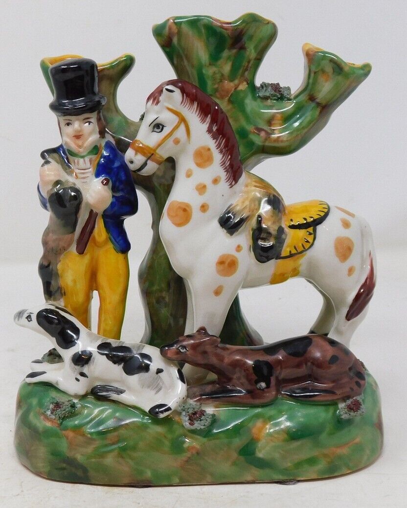 Staffordshire Spill Vase Hand-Painted Hunt Scene with Horse & Dogs 7\