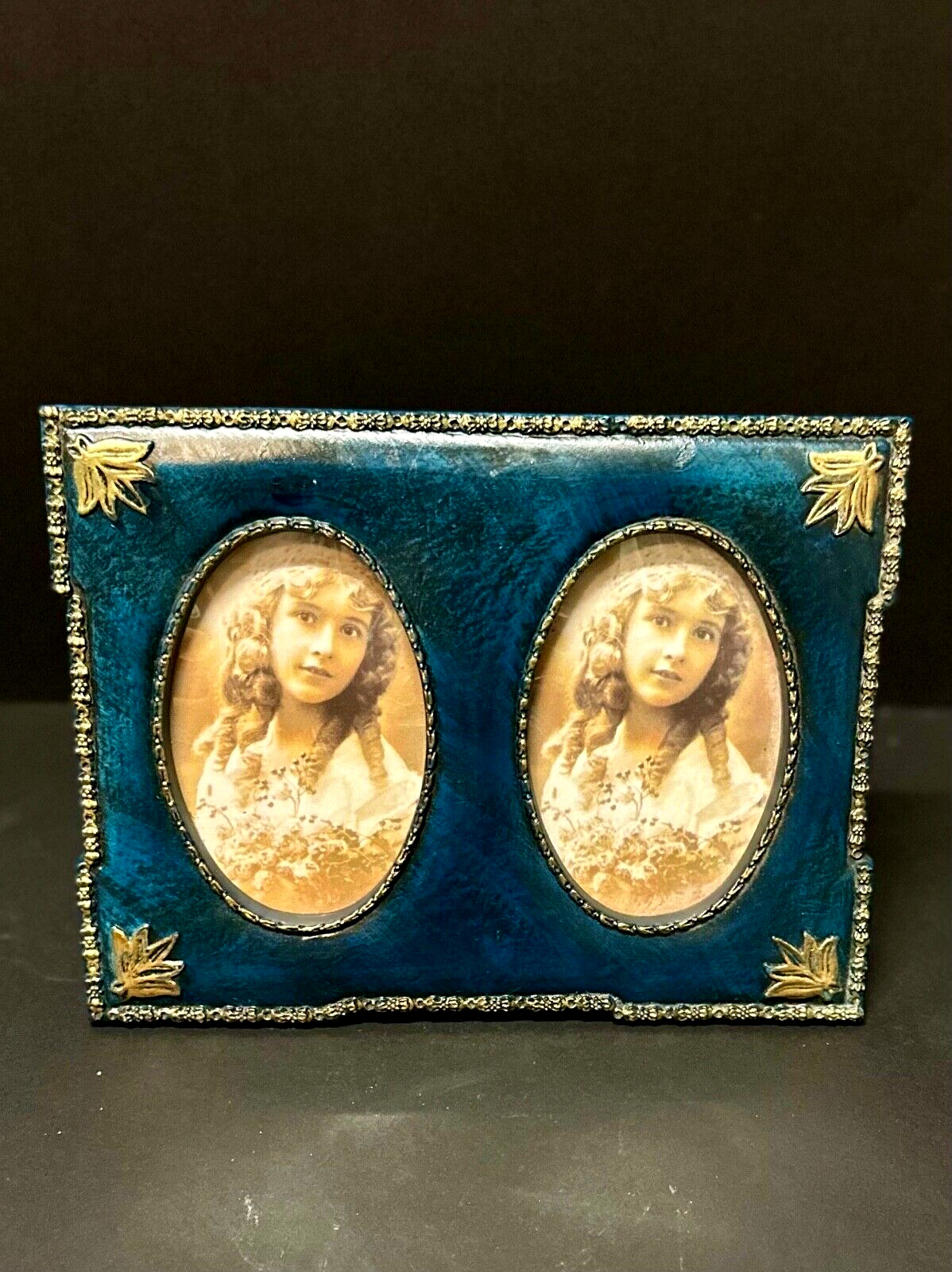 vintage dark blue green gold trim standing double picture frame 3.5 x 5\