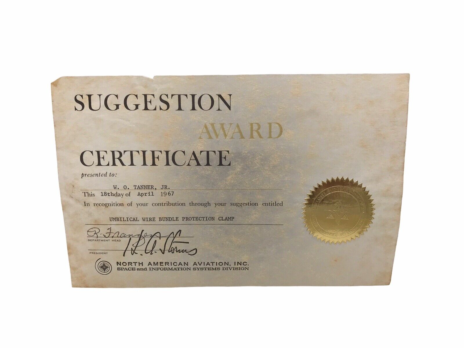 NASA North American Aviation Rockwell Apollo 1967 Suggestion Award Certificate 
