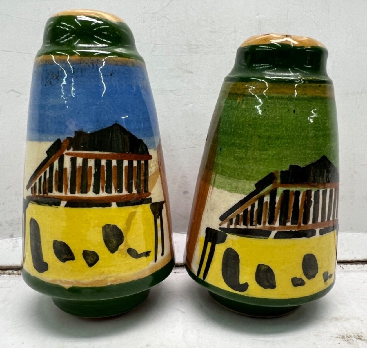 rare hand painted colorful greece salt and pepper shakers