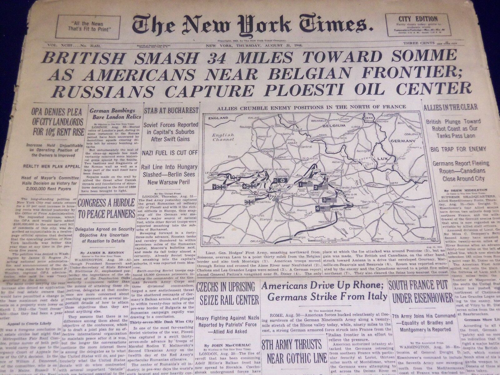1944 AUGUST 31 NEW YORK TIMES - BRITISH SMASH TOWARD SOMME - NT 2380
