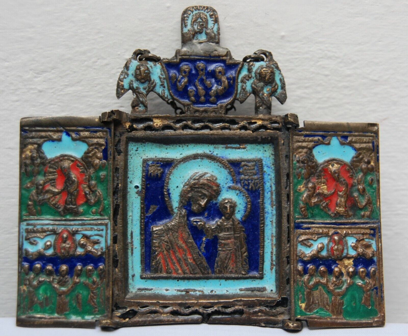 18th century Triptych, Russian Bronze Icon partial enemailed