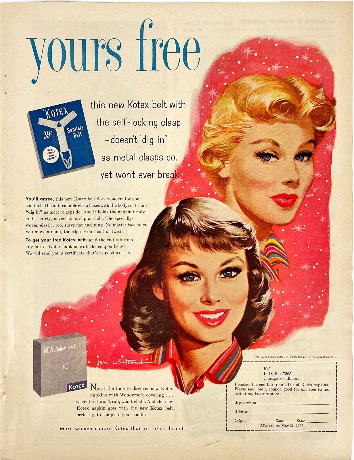 Jon Whitcomb Talk Kotex Napkin Sanitary Belt Vtg Advertising Magazine Ad 1957