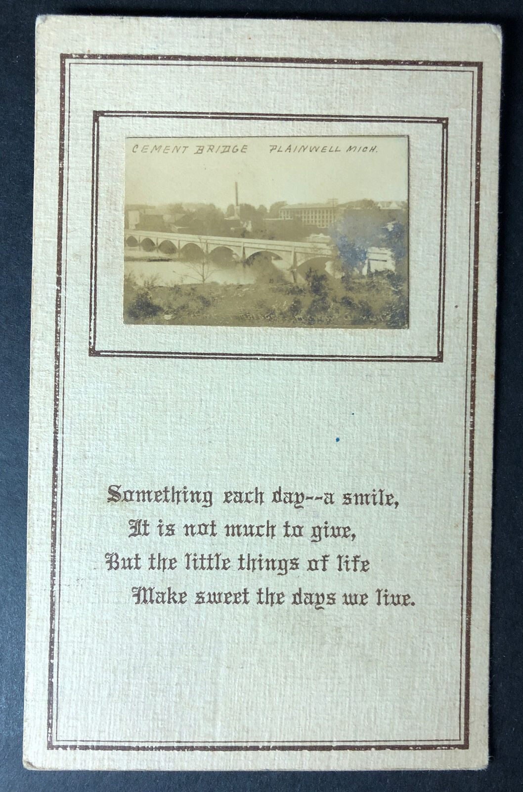 printed card w/ small photo attached Cement Bridge Plainwell Michigan RPPC 1912