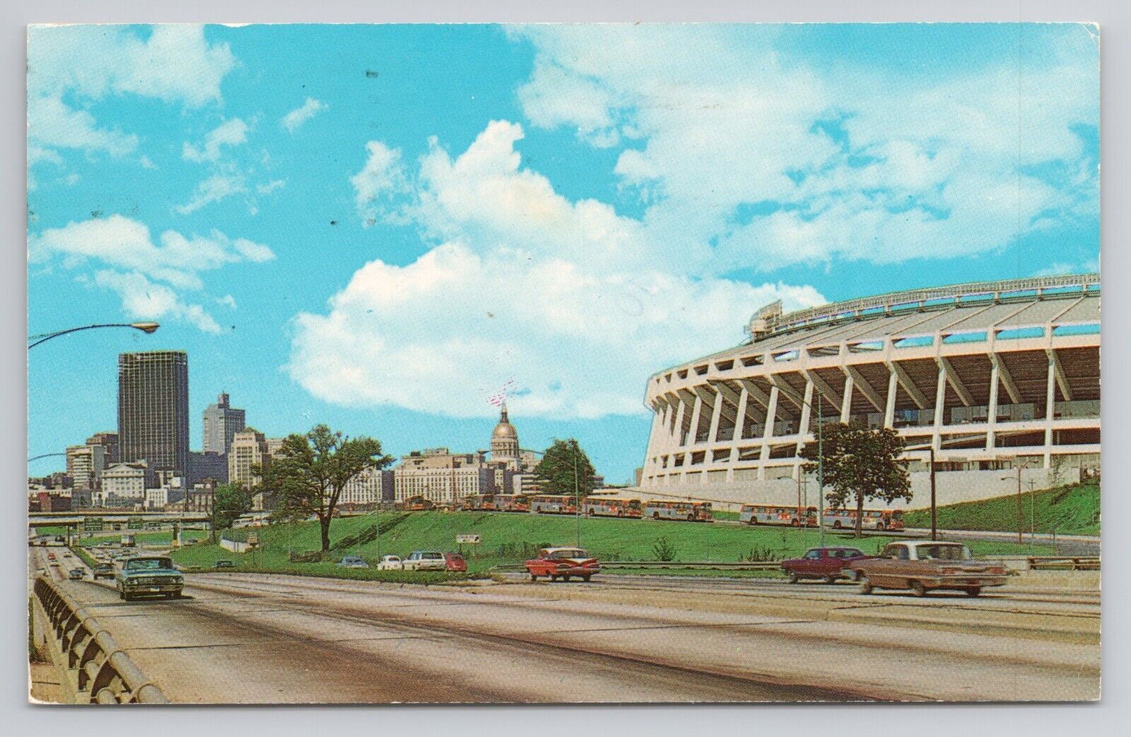 Atlanta skyline and Atlanta stadium Georgia Cars Expressway Chrome Postcard 61