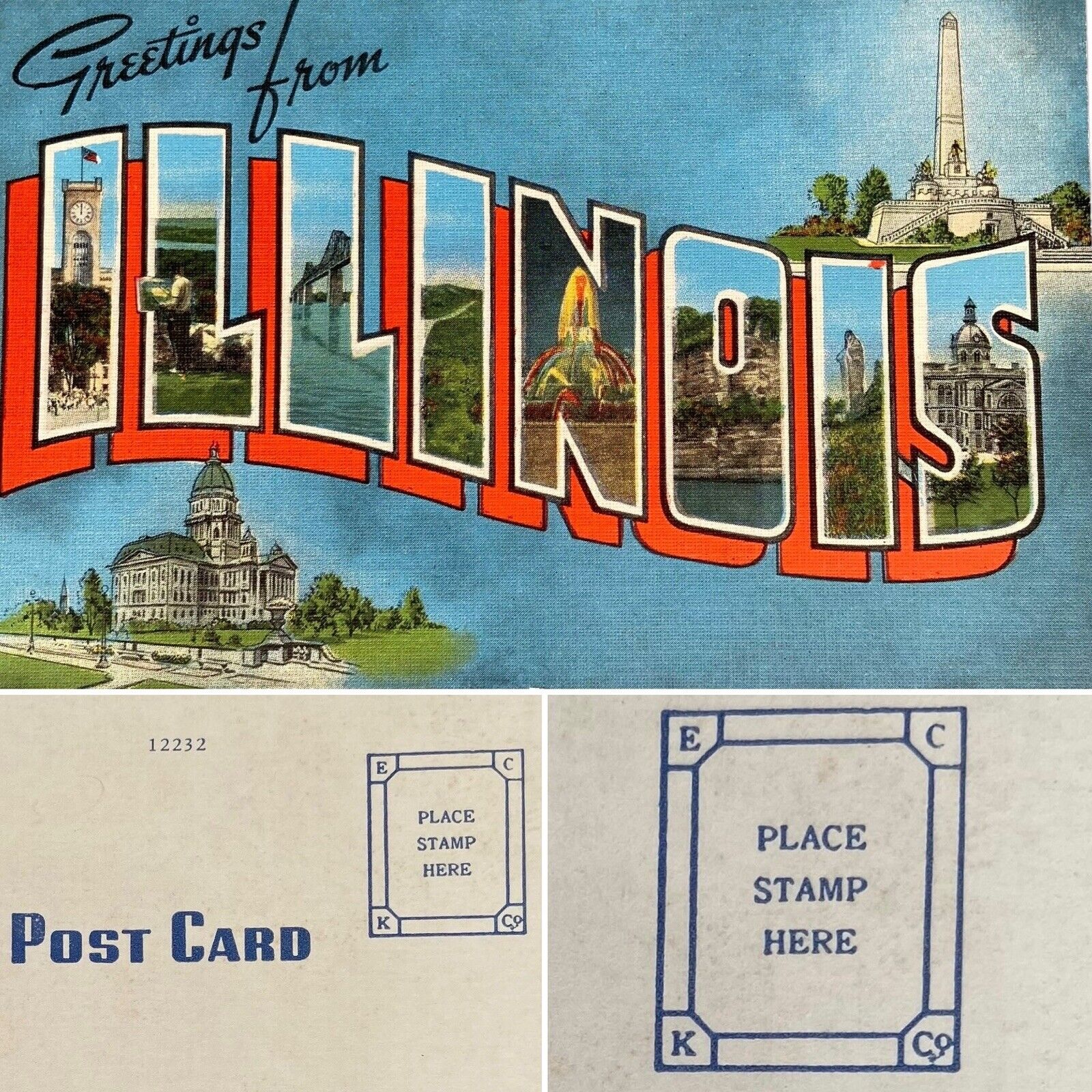 Postcard IL Large Letter Greetings from Illinois EC Kropp Linen 1940s
