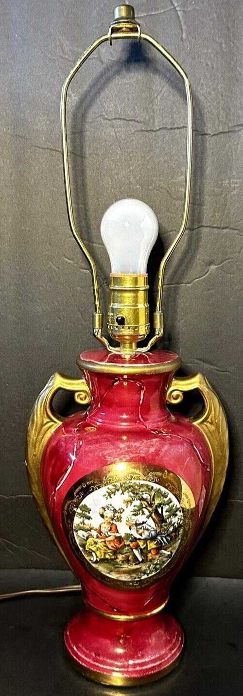 Vtg Gold Gilt Victorian Couple Hand Painted Marble Dark Magenta Handled Urn Lamp