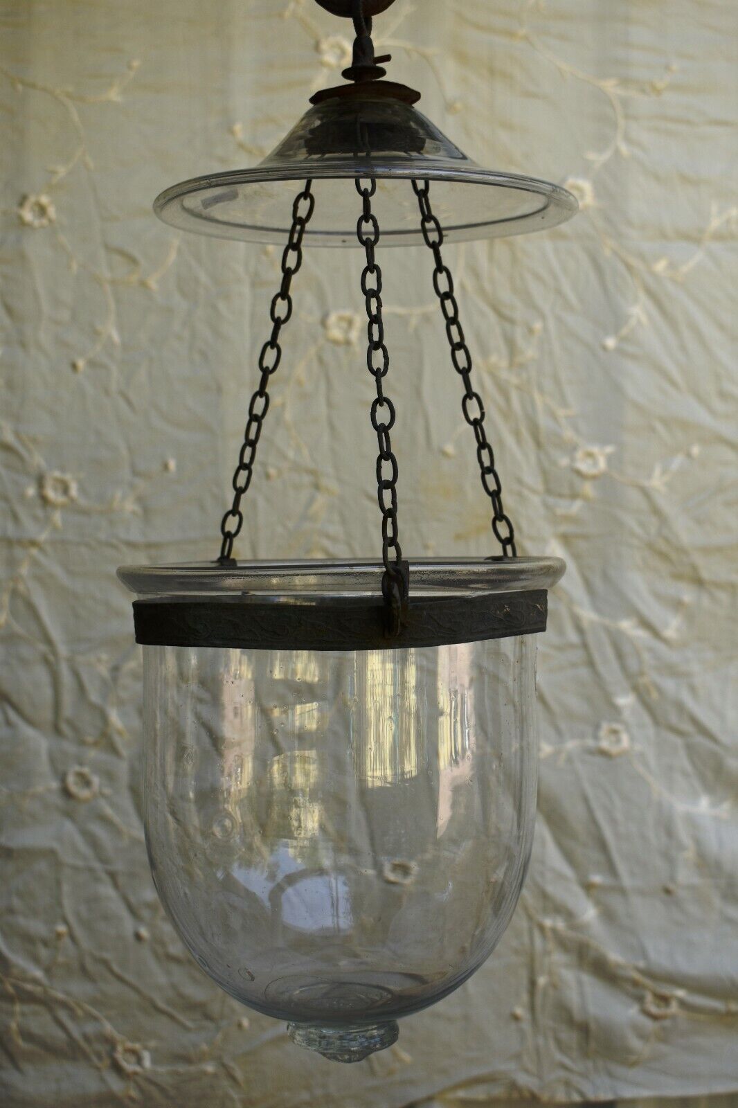 Antique Anglo Indian Bell Jar Lantern Hundi Belgian Lamps Glass Suspendu Old\