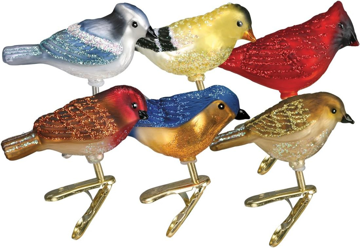 Old World Glass Christmas Clip-On Ornament - Assorted Miniature Songbirds, Set o