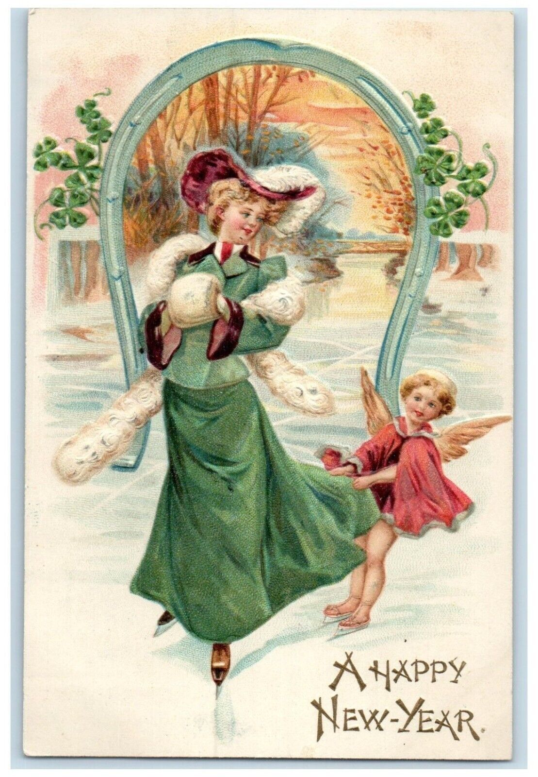 c1910\'s New Year Woman Skating Winter Angel Shamrock Embossed Antique Postcard