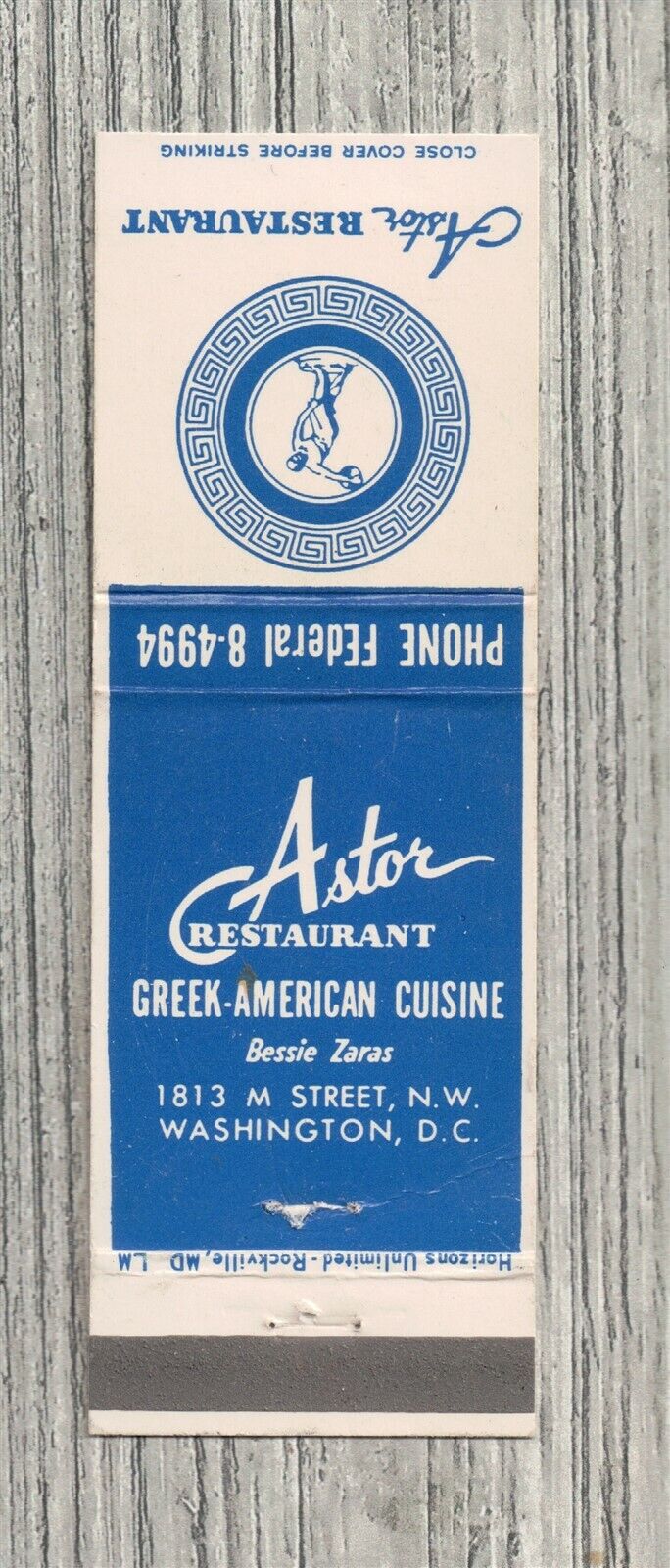 Matchbook Cover-Astor Restaurant Greek American Cuisine-Washington DC-3567