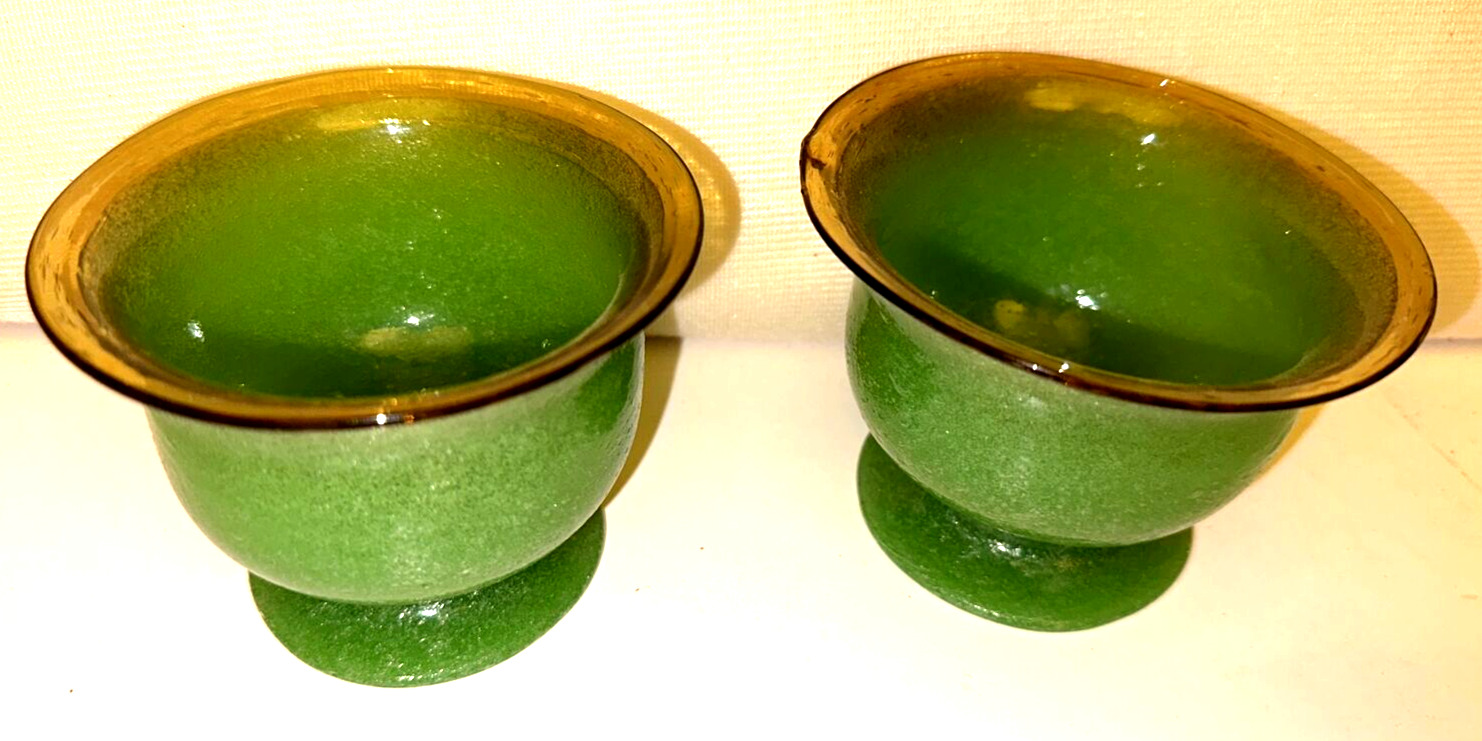 Vintage Handblown Glassware Green w/Amber Rim Opaque Stemmed Small Bowls (2)