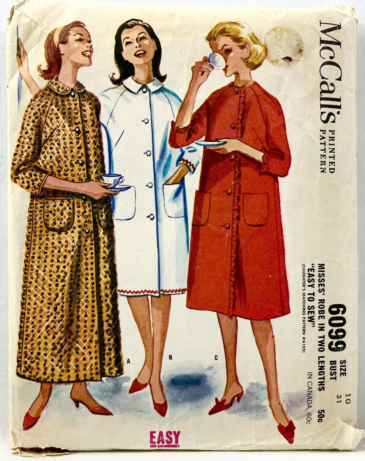 1961 McCalls Sewing Pattern 6099 Womens Robe 3 Collars 2 Lengths Sz 10 Vtg 12693