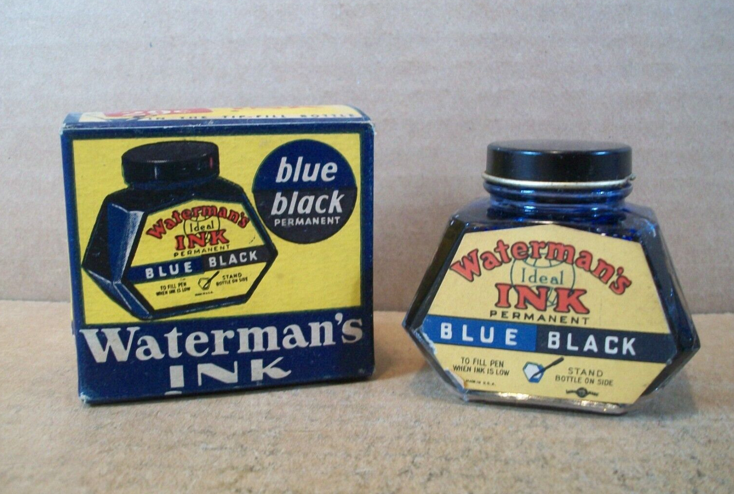 1944 Waterman\'s blue black Permanent INK ~ w/Original Box No.172 ~ Full Bottle