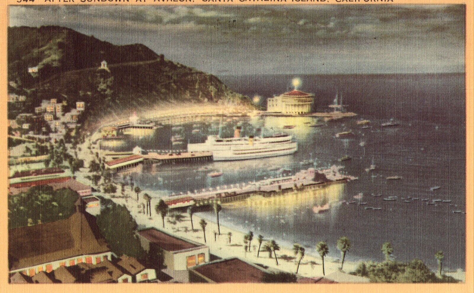Linen Postcard - After Sundown at Avalon, Santa Catalina Island - California