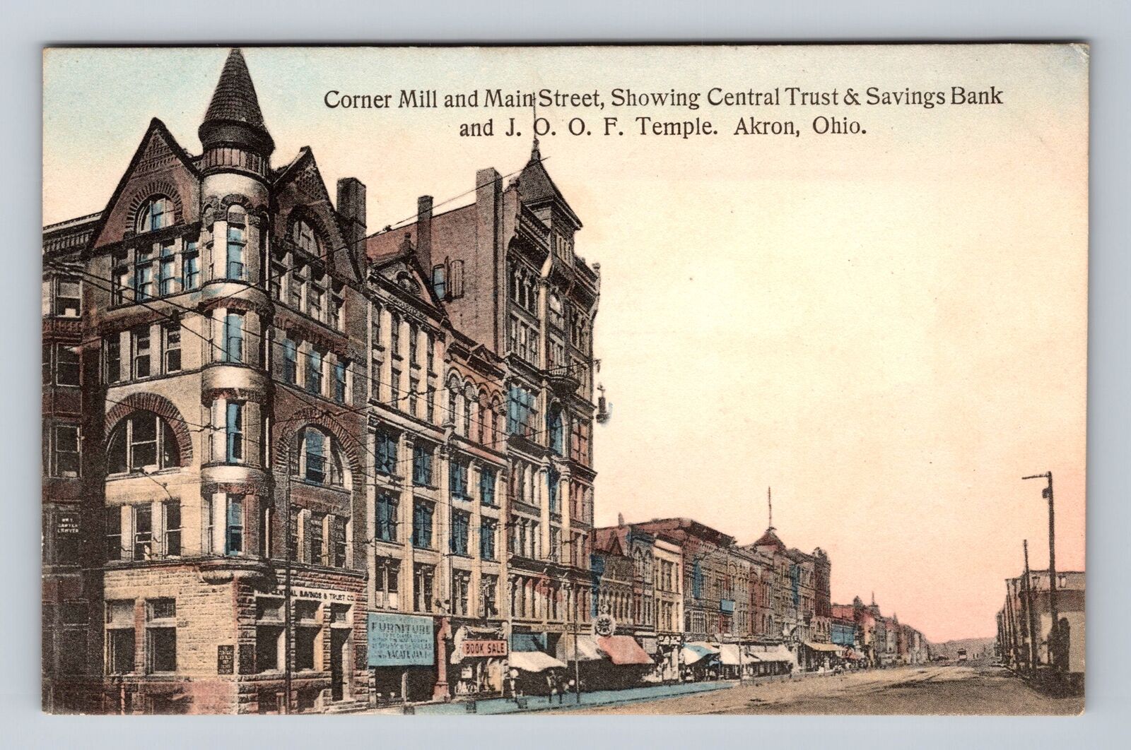 Akron OH-Ohio, Corner Mill And Main Street, Advertisement, Vintage Postcard