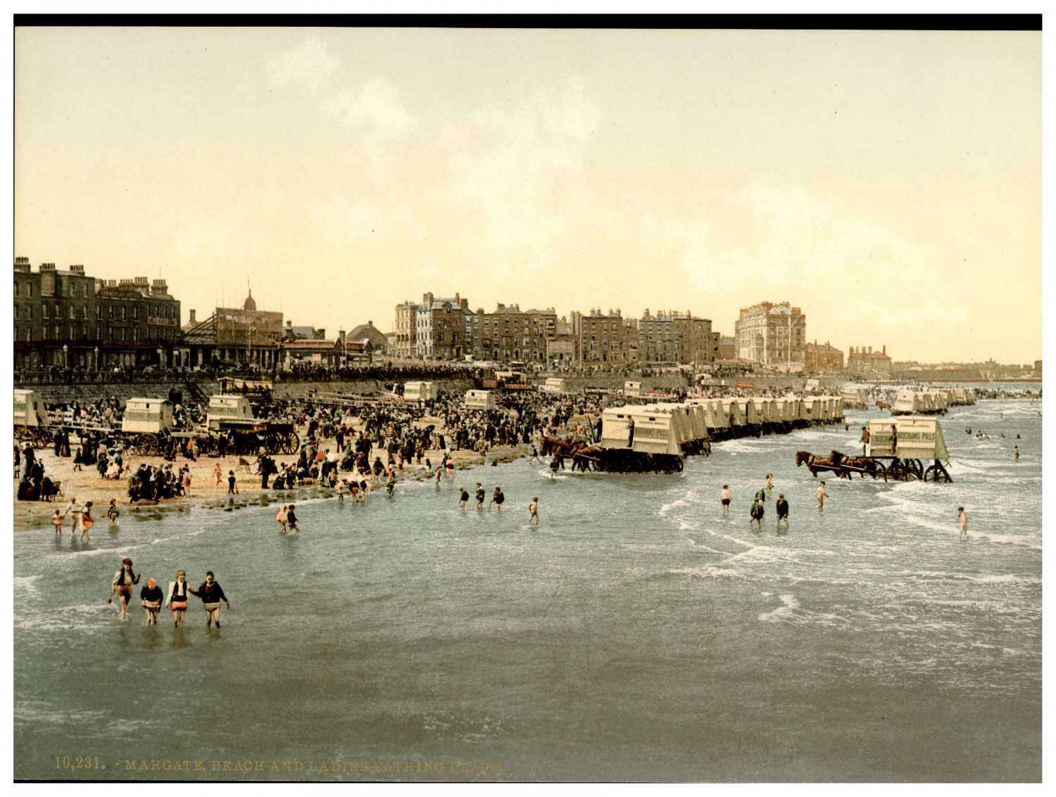 England. Margate. Beach and Ladies\' Bathing Place.  Vintage Photochrome by P.Z