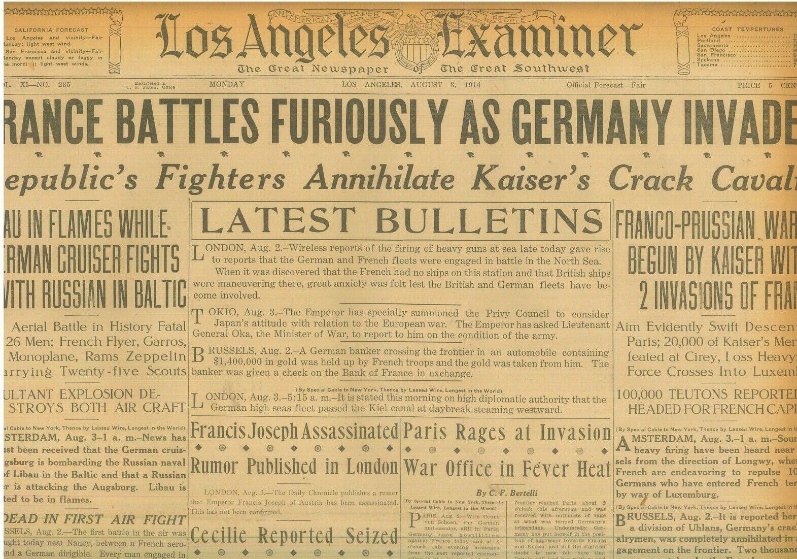 War in Europe Germany Invades France First Aerial Battle 26 Dead August 3 1914