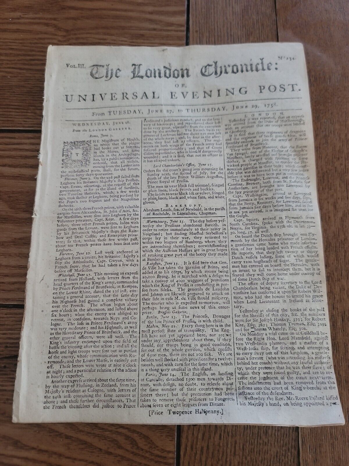 1758 French & Indian War newspaper British Capture LOUISBURG Canada afLONG SIEGE
