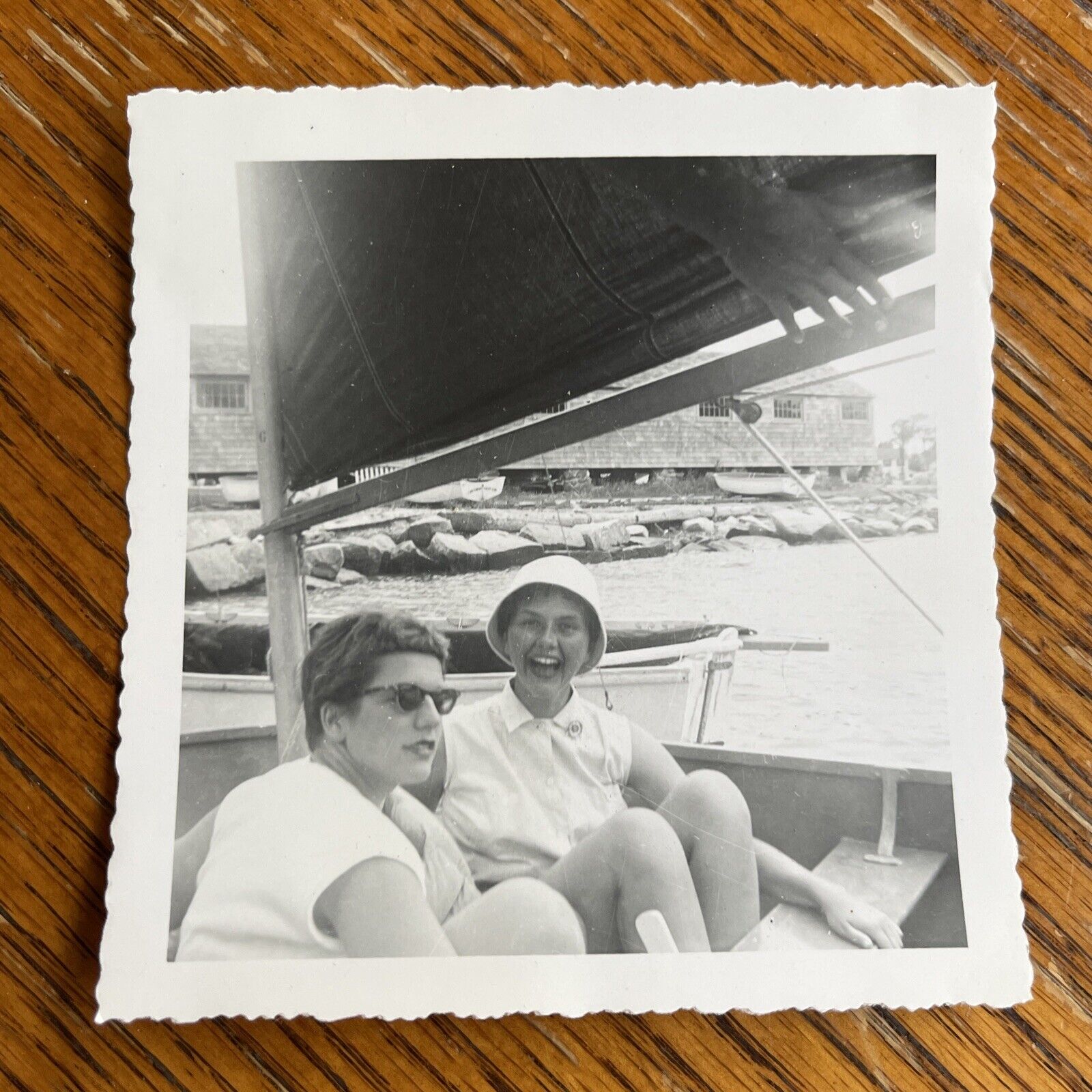 Two Teenage Girls on a Sailboat 1950s Photo  Sunglasses B&W 3\