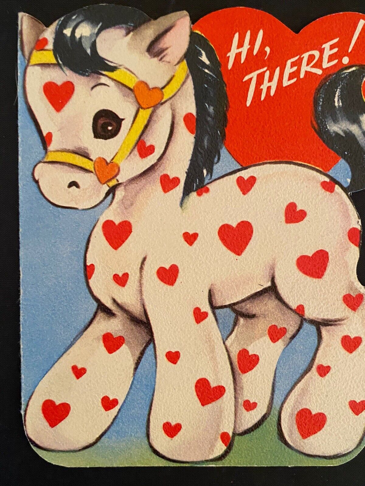 Vintage Valentines Day Gibson Card Polka Dot Hearts Pony 1950s Diecut