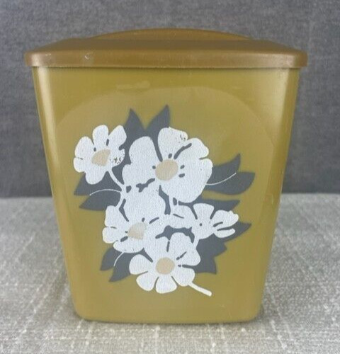 Vintage 1960\'s MCM Mustard Yellow with White Flowers Canister with Lid