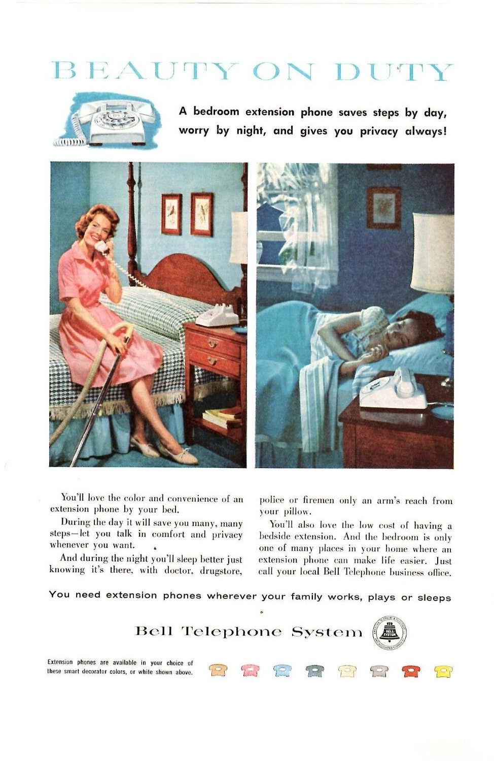 1959 Print Ad Bell Telephone System Bedroon Extension Phone Saves Steps by Day
