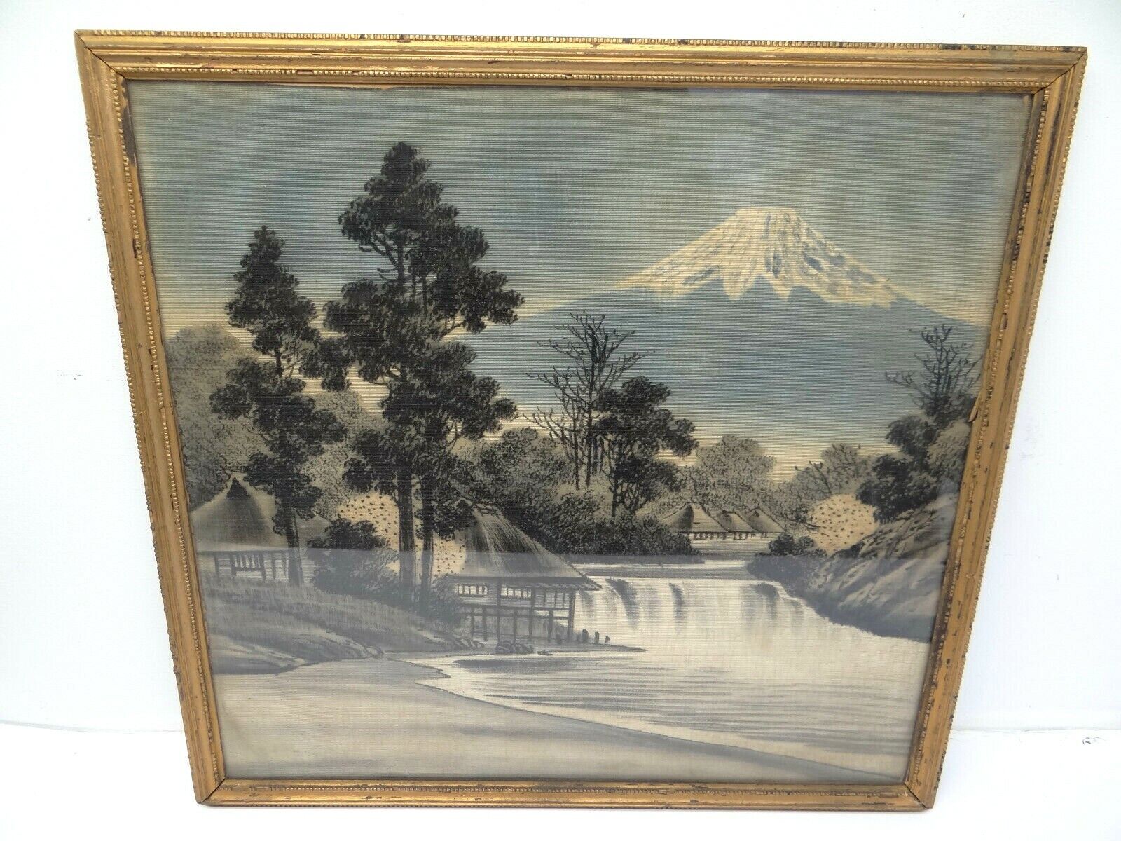 Old Original Mount Fuji Japan Japanese Painting on Fabric Unsigned Art Asian