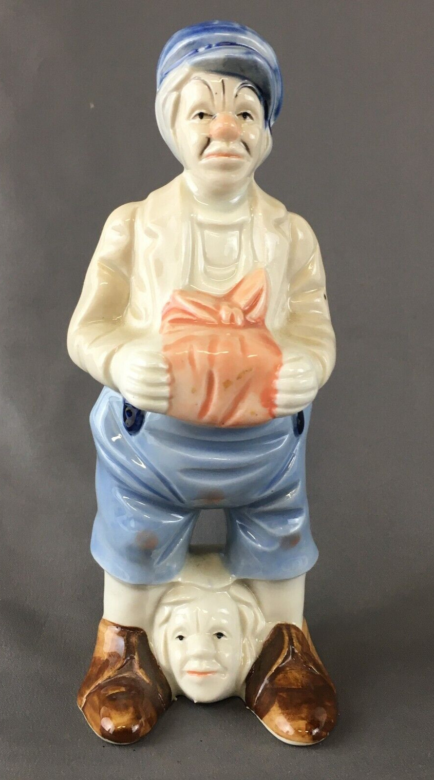 Vintage Porcelain Sad Faced Hobo Clown with Head Between Feet Front & Back