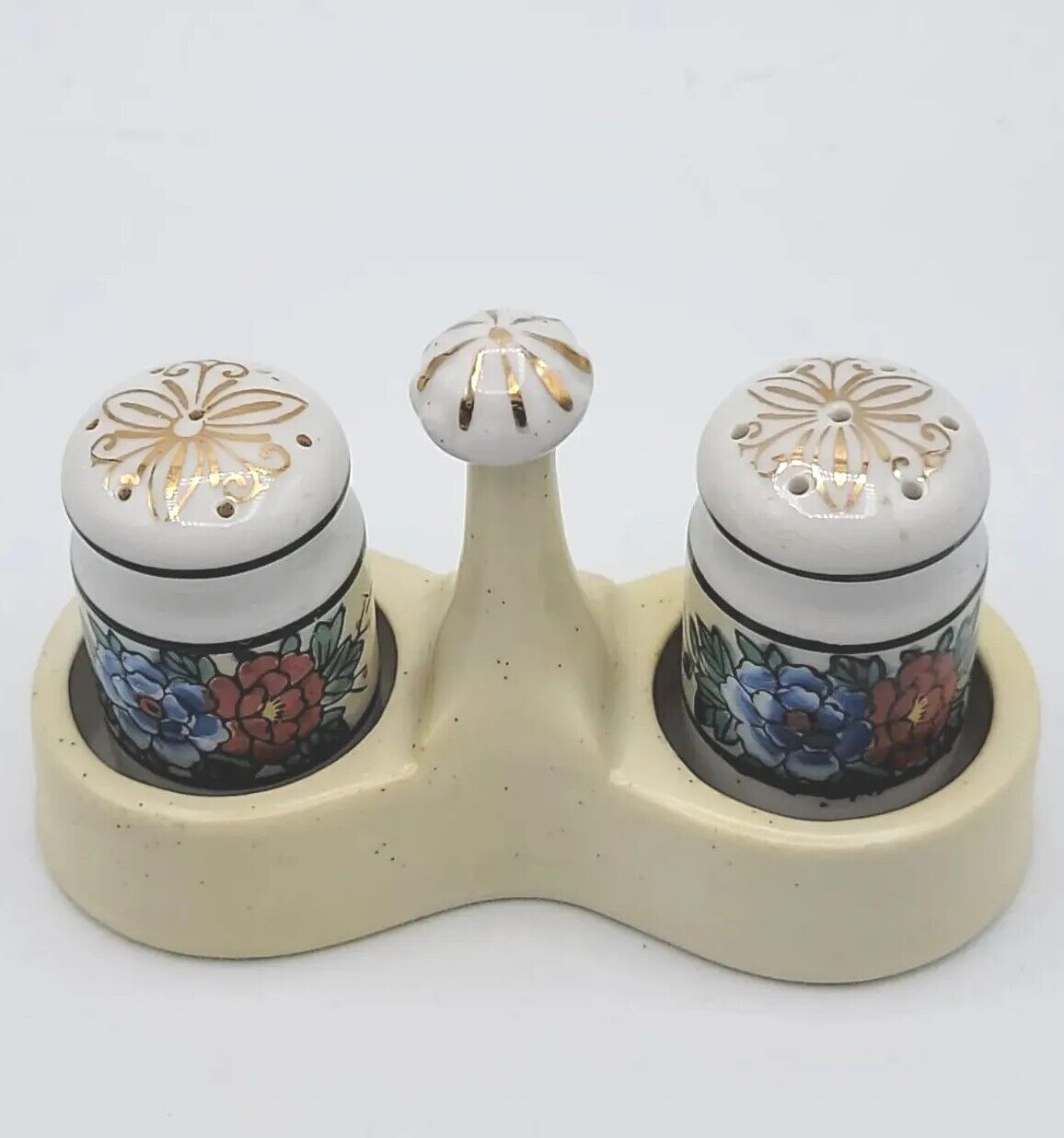 Vintage Chikaramachi Floral W/Gold Accents Salt & Pepper Shaker Set With Stand