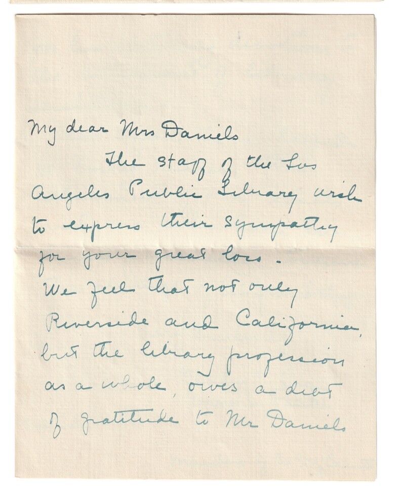 Letter Of Sympathy From The Los Angles Library To Joseph F Daniels Riverside Ca